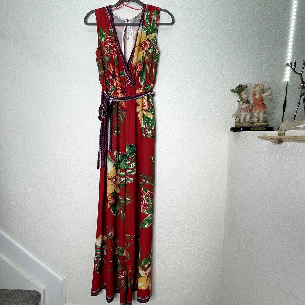 Flying Tomato Womens S Red Tropical Floral Wide Leg Jumpsuit Belted Resort